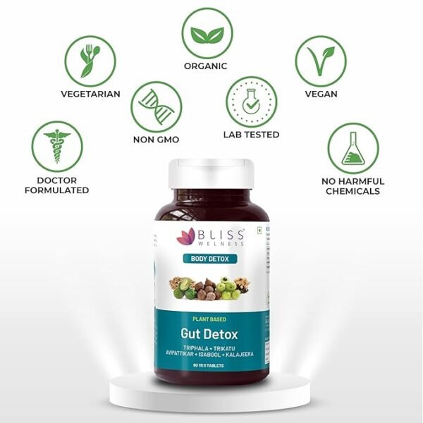 Bliss Welness Gut Detox Trikatu,Isabgol,Triphala,Avipattikar,Kalajeera Health Cleanse Purify,Stomach Cleanse Purify,Digestion Metabolism Toxin Removal Acidity Gas Control Supplement-60