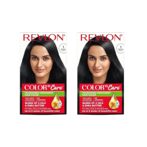 REVLON Color ‘n Care NOURISHING PERMANENT HAIR COLOR – 1 Natural Black – Has essentials oils of Coconut Argan, Sunflower & Jojoba oil, along with shea butter